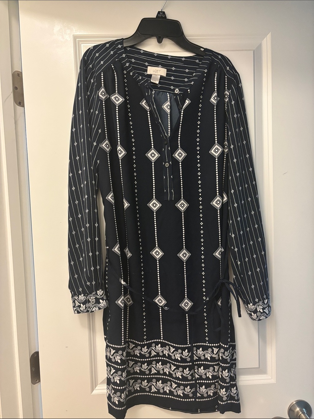 LOFT Navy and White Printed‎ Long Sleeve Tunic Dress